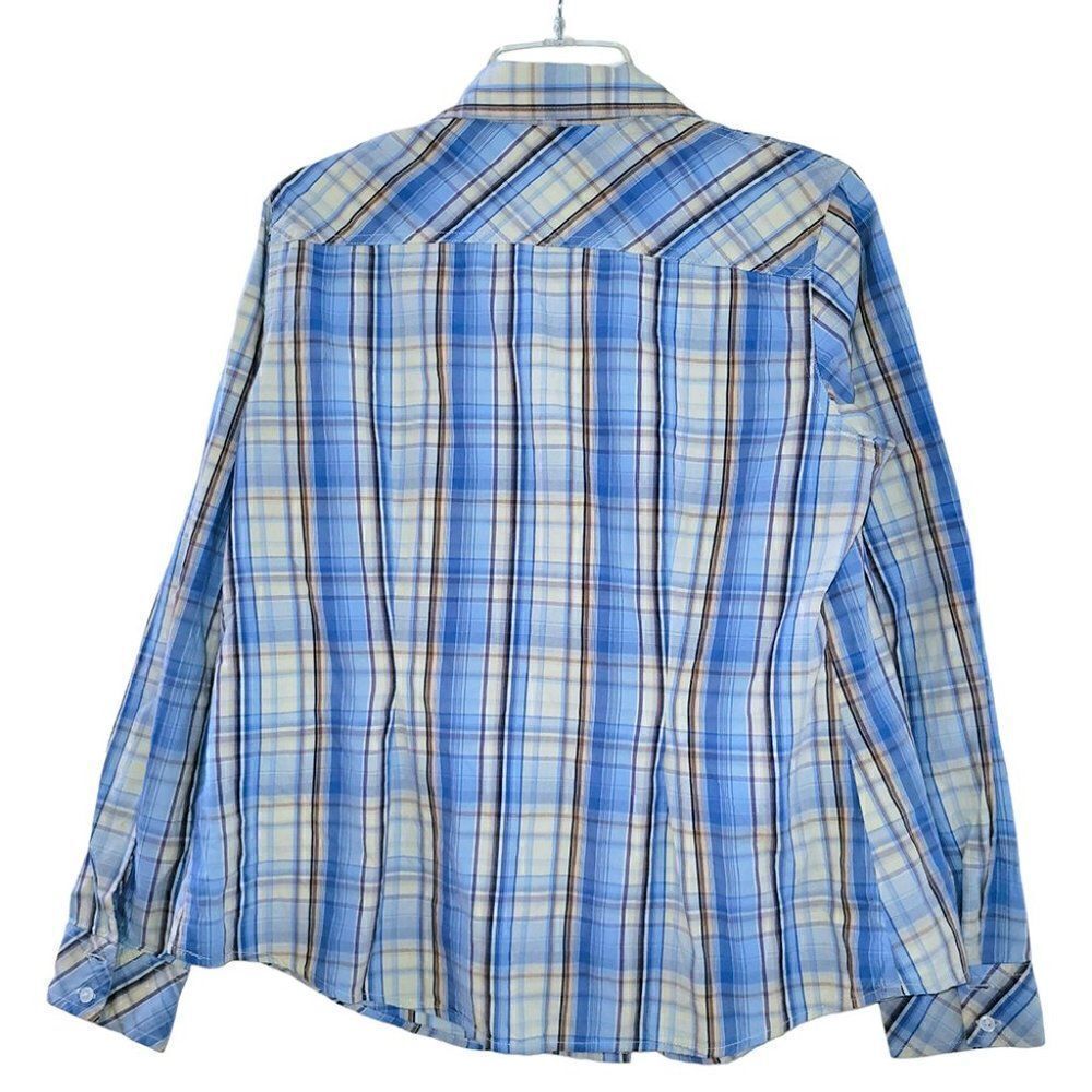 Motherhood Maternity blue cream plaid long sleeve button shirt - Picture 2 of 4